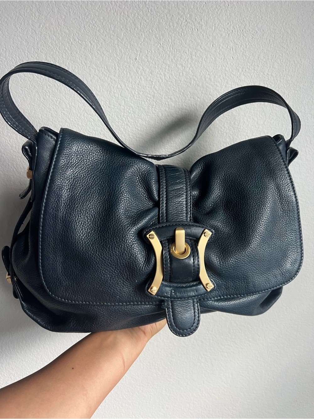 B Makowsky Classic Navy Leather Shoulder Bag with Gold Hardware